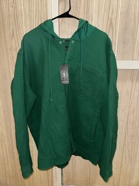 Original Use Men's Dark Green Waffle Knit Hooded Cardigan